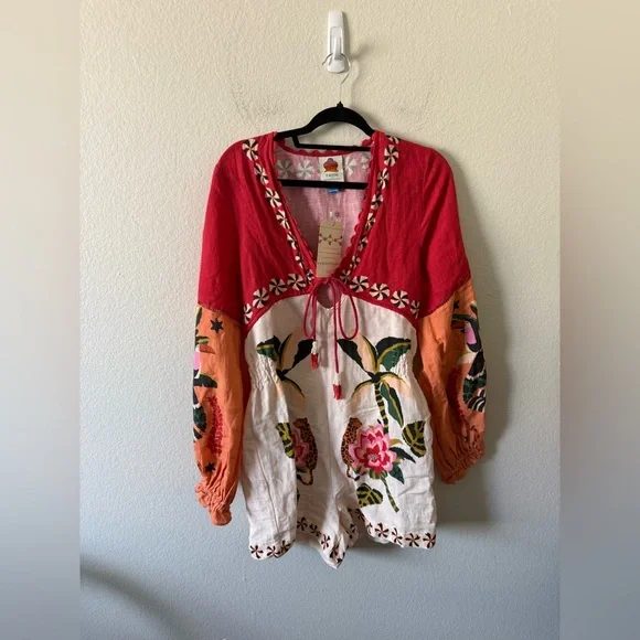 NWT Farm Rio Long-Sleeve Romper Floral Anthropologie Size M Resort Vacation
